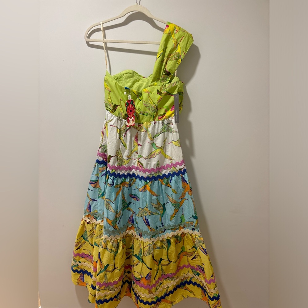 FARM Rio X One-Shoulder Tiered Midi Dress - Hummingbird Size Small NWT - Picture 6 of 7